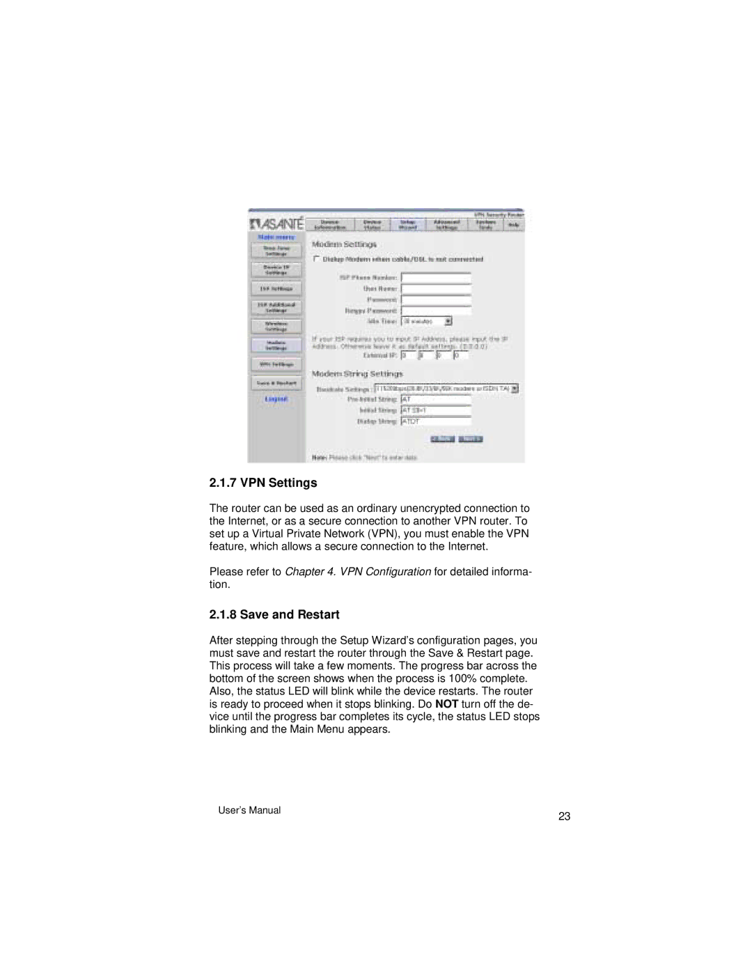 Asante Technologies VR2004 Series user manual VPN Settings, Save and Restart 