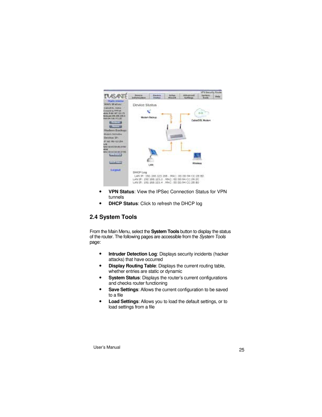 Asante Technologies VR2004 Series user manual System Tools 