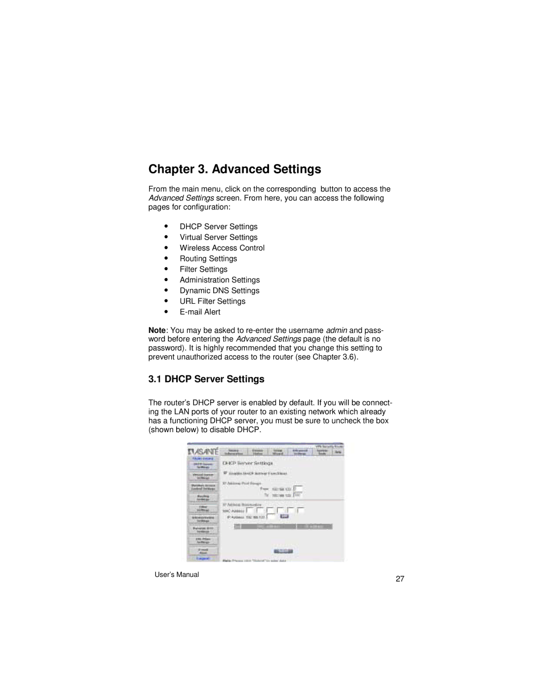 Asante Technologies VR2004 Series user manual Advanced Settings, Dhcp Server Settings 