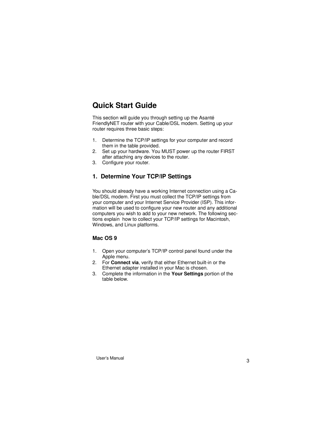 Asante Technologies VR2004 Series user manual Quick Start Guide, Determine Your TCP/IP Settings, Mac OS 