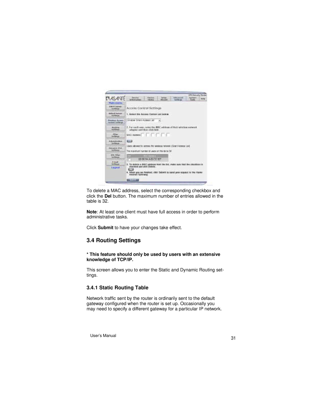 Asante Technologies VR2004 Series user manual Routing Settings, Static Routing Table 