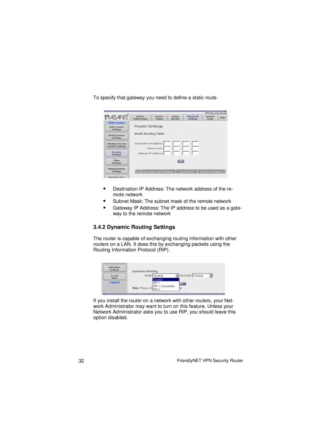 Asante Technologies VR2004 Series user manual Dynamic Routing Settings 