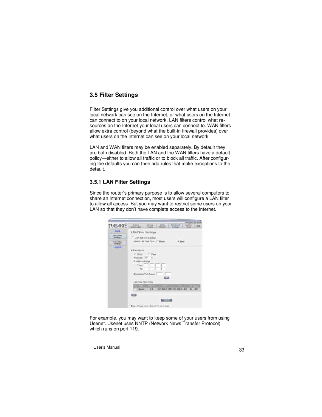 Asante Technologies VR2004 Series user manual LAN Filter Settings 