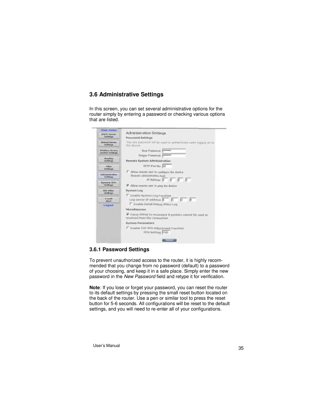 Asante Technologies VR2004 Series user manual Administrative Settings, Password Settings 