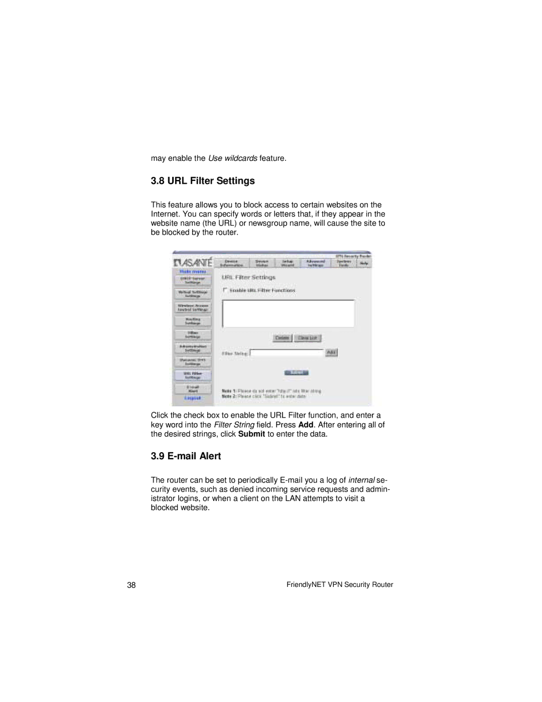 Asante Technologies VR2004 Series user manual URL Filter Settings, Mail Alert 