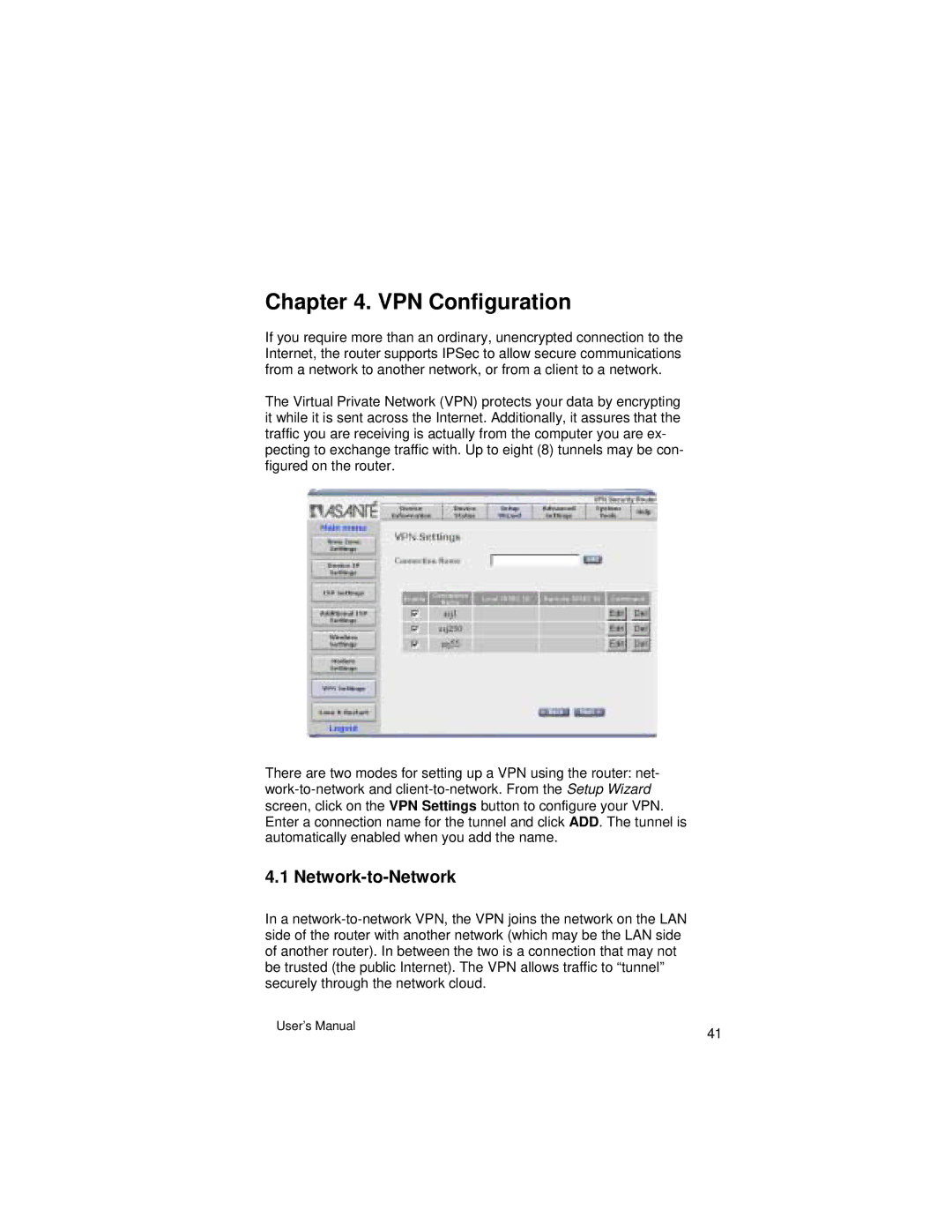 Asante Technologies VR2004 Series user manual VPN Configuration, Network-to-Network 