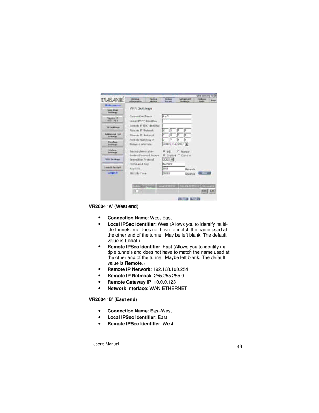 Asante Technologies VR2004 Series user manual VR2004 ‘A’ West end Connection Name West-East 