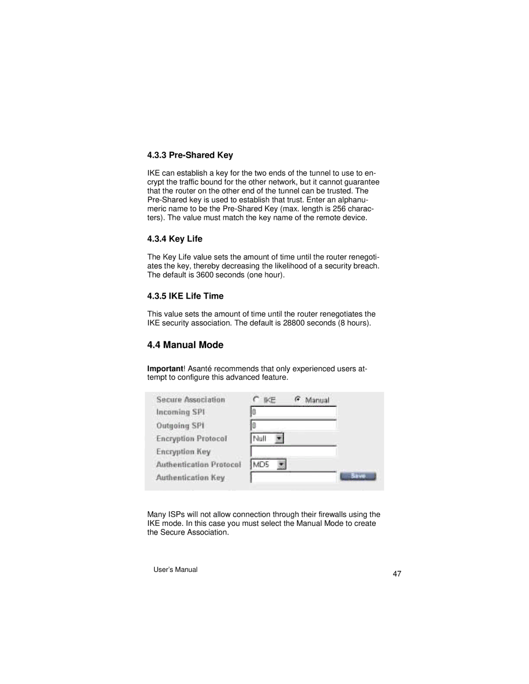 Asante Technologies VR2004 Series user manual Manual Mode, Pre-Shared Key, Key Life, IKE Life Time 
