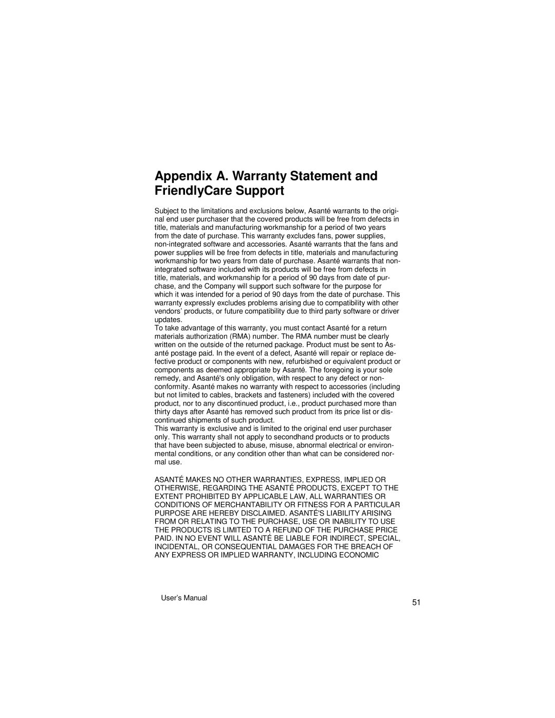 Asante Technologies VR2004 Series user manual Appendix A. Warranty Statement and FriendlyCare Support 