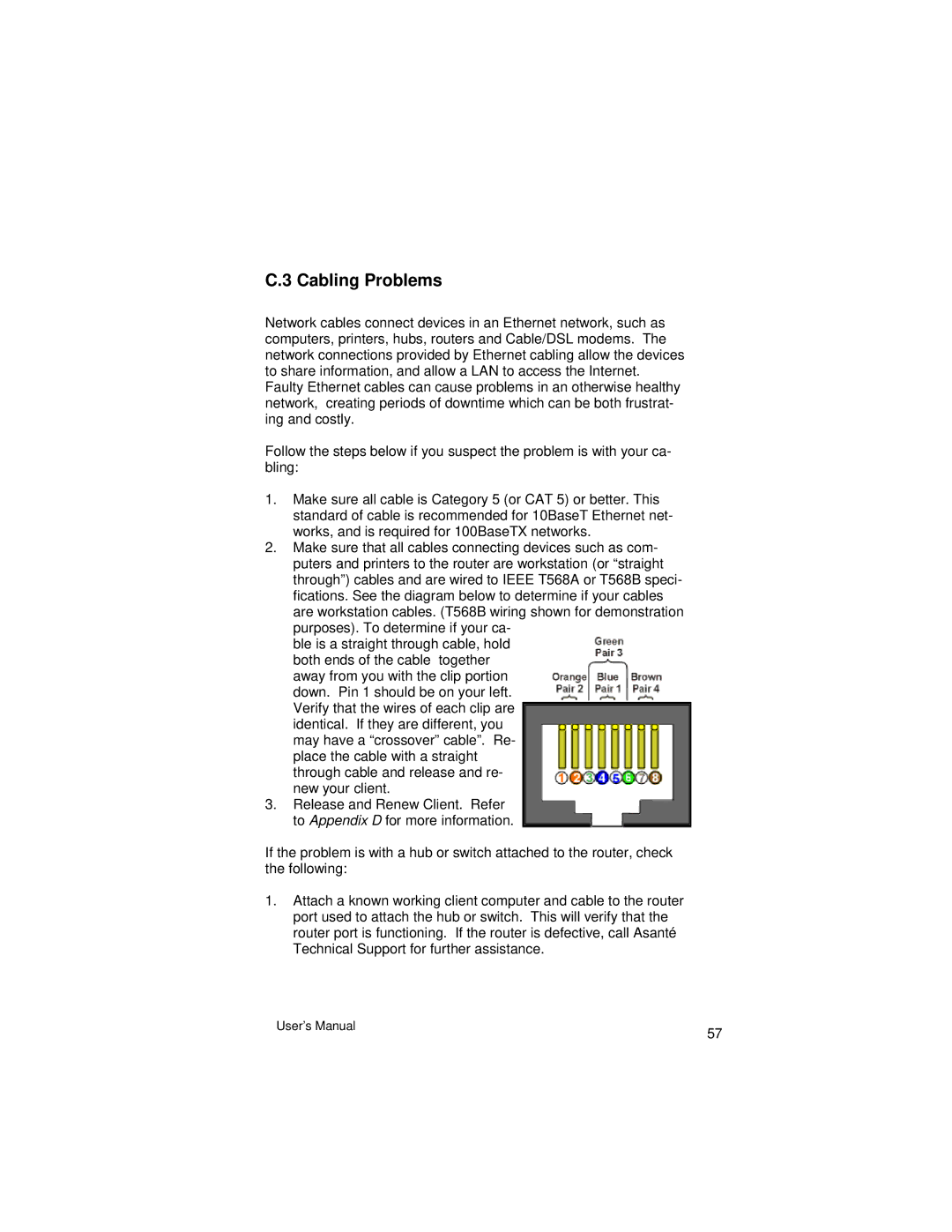 Asante Technologies VR2004 Series user manual Cabling Problems 