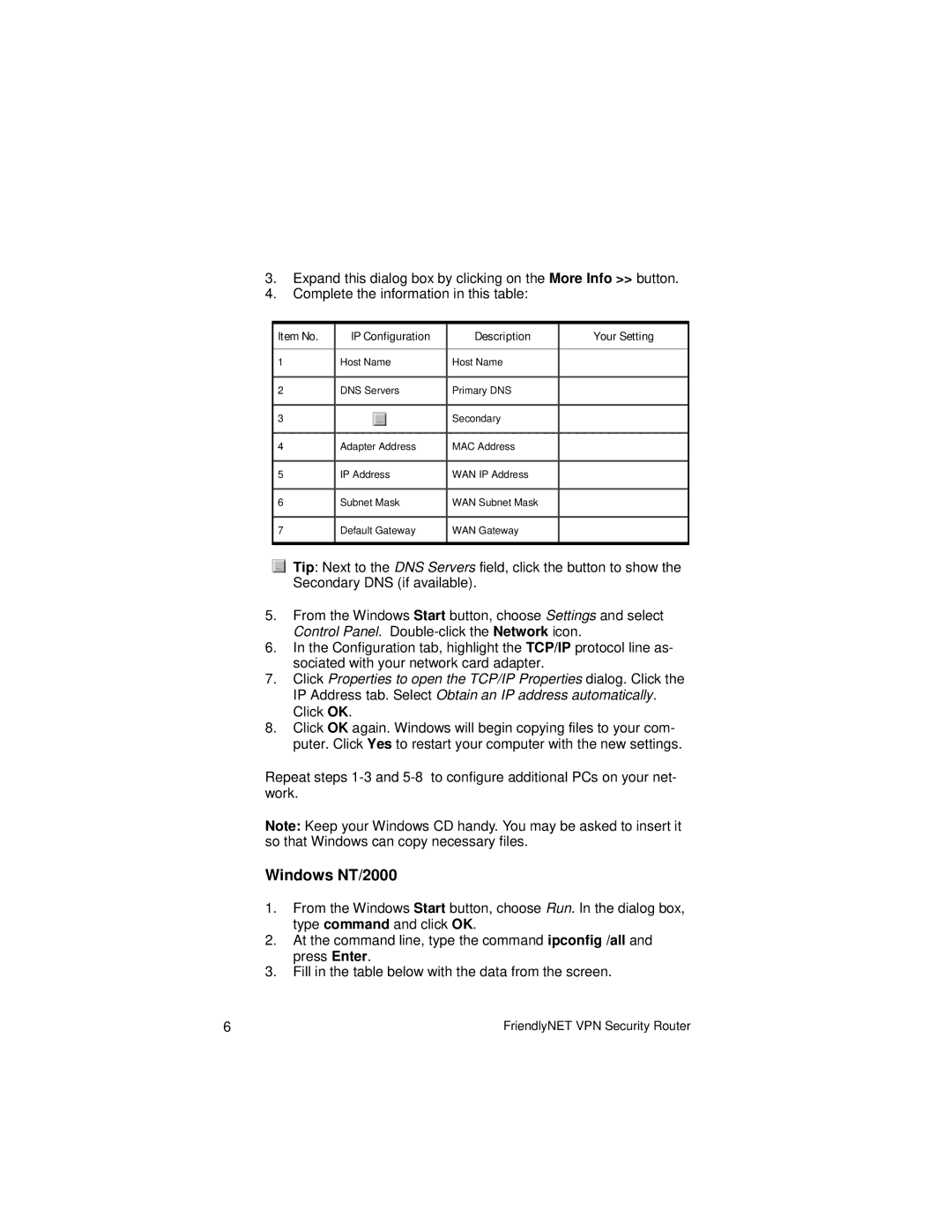 Asante Technologies VR2004 Series user manual Windows NT/2000, Item No IP Configuration Description Your Setting 