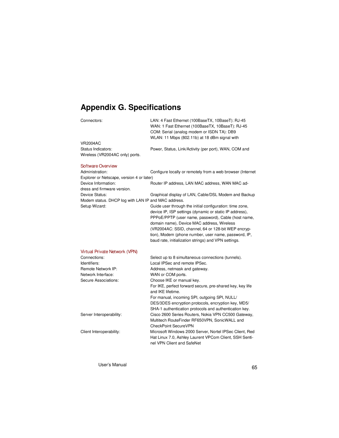 Asante Technologies VR2004 Series user manual Appendix G. Specifications, Software Overview 