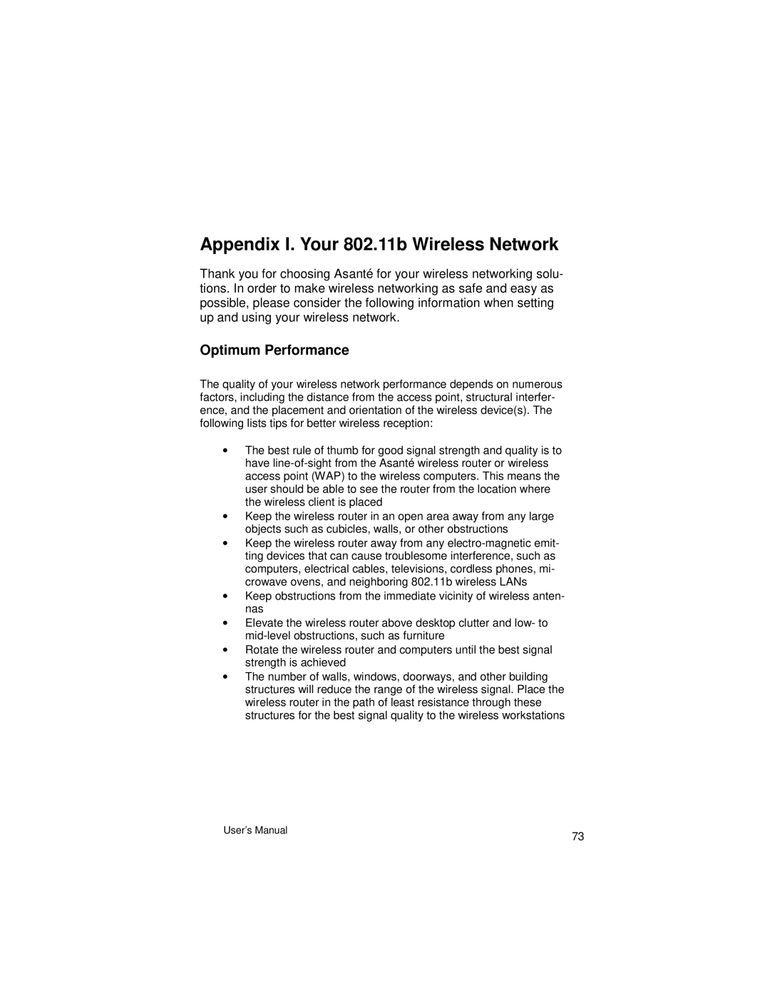 Asante Technologies VR2004 Series user manual Appendix I. Your 802.11b Wireless Network, Optimum Performance 