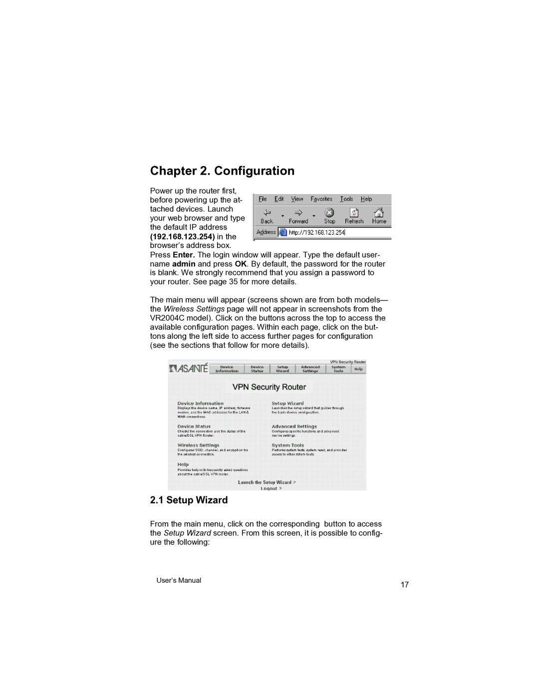 Asante Technologies VR2004 user manual Configuration, Setup Wizard 