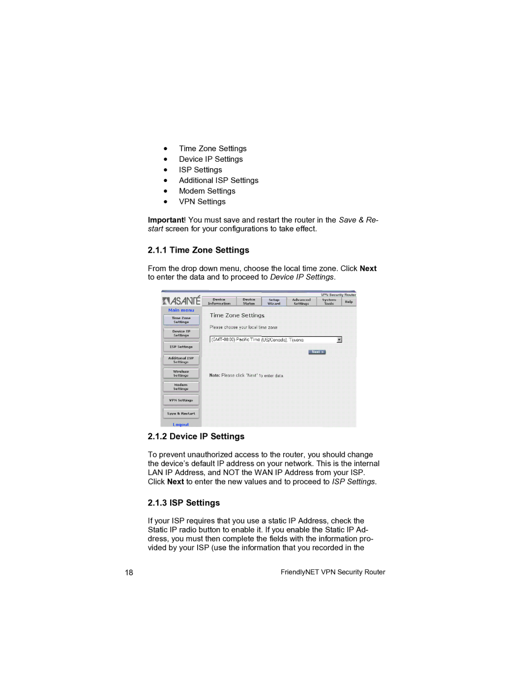 Asante Technologies VR2004 user manual Time Zone Settings, Device IP Settings, ISP Settings 