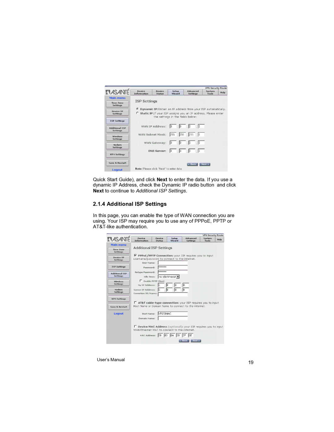 Asante Technologies VR2004 user manual Additional ISP Settings 