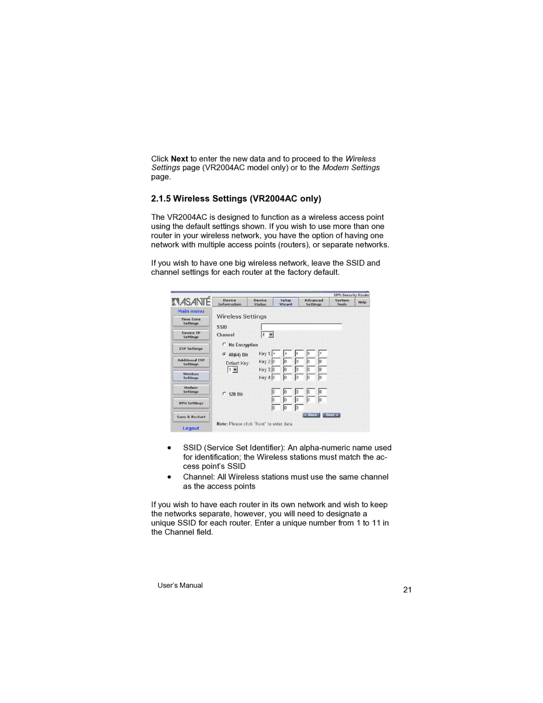 Asante Technologies user manual Wireless Settings VR2004AC only 