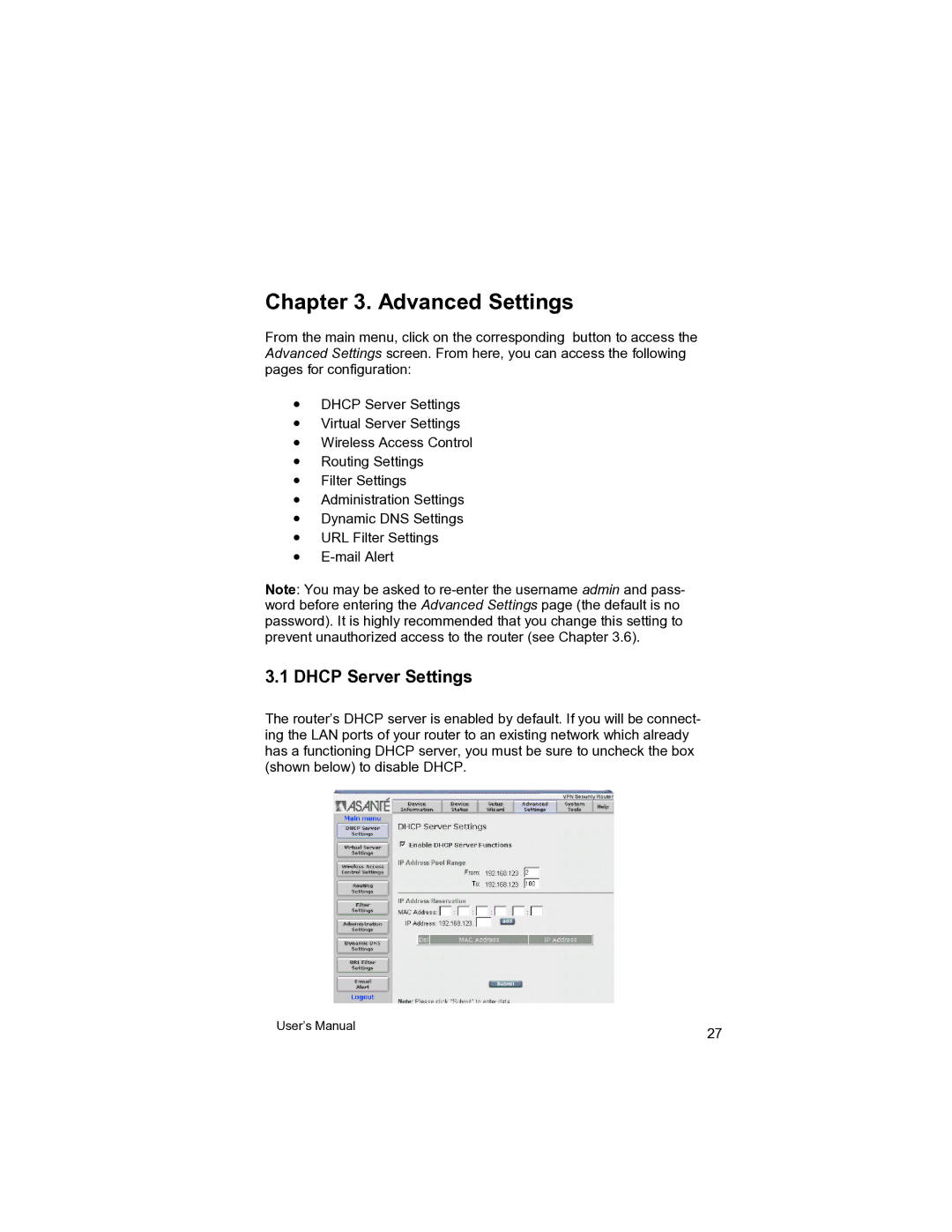 Asante Technologies VR2004 user manual Advanced Settings, Dhcp Server Settings 