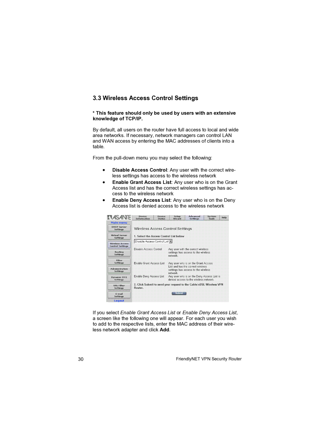 Asante Technologies VR2004 user manual Wireless Access Control Settings 