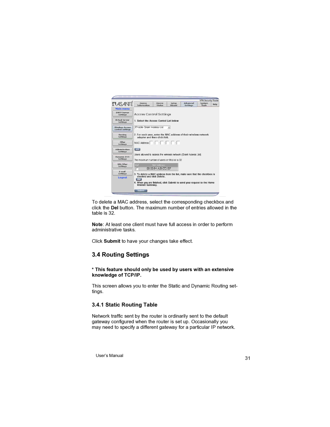 Asante Technologies VR2004 user manual Routing Settings, Static Routing Table 