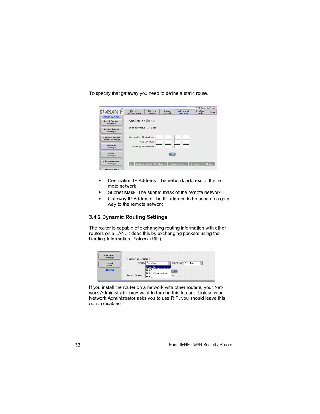 Asante Technologies VR2004 user manual Dynamic Routing Settings 