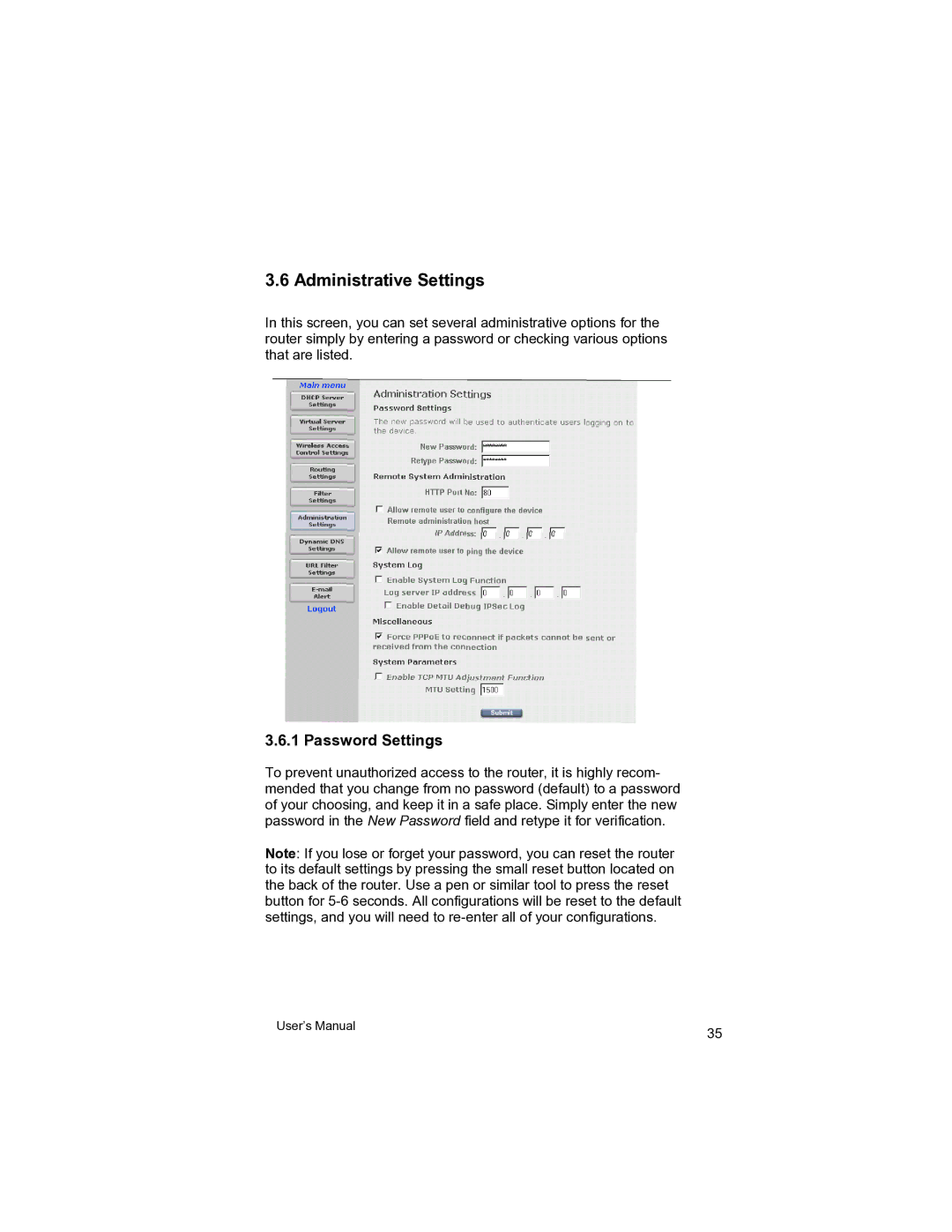 Asante Technologies VR2004 user manual Administrative Settings, Password Settings 