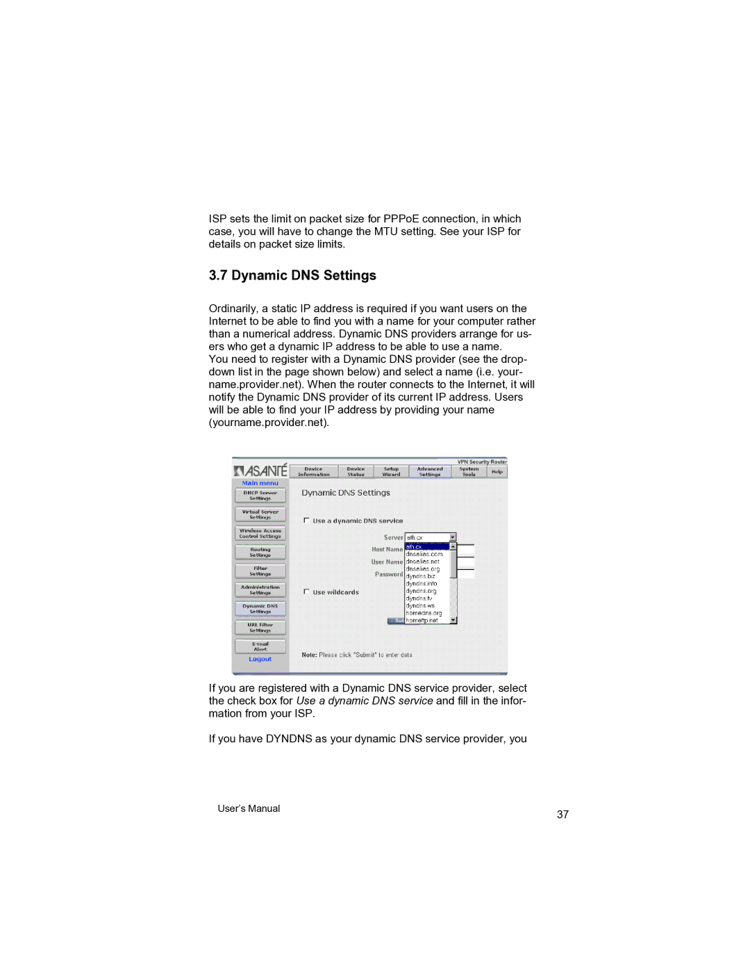 Asante Technologies VR2004 user manual Dynamic DNS Settings 