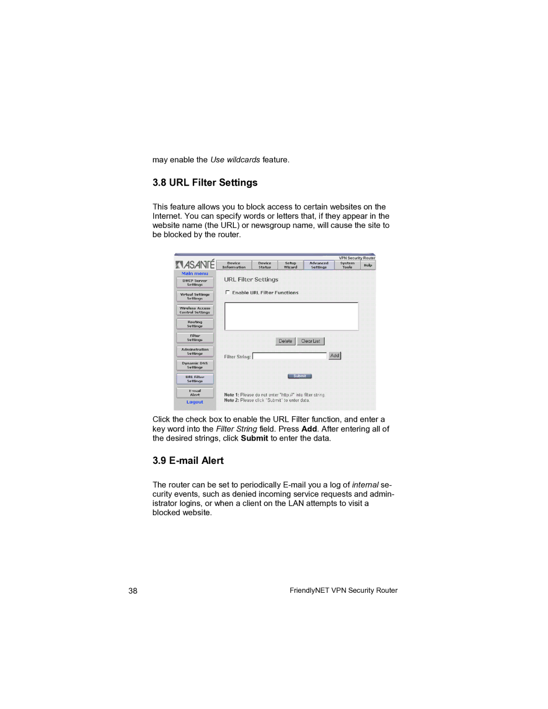 Asante Technologies VR2004 user manual URL Filter Settings, Mail Alert 