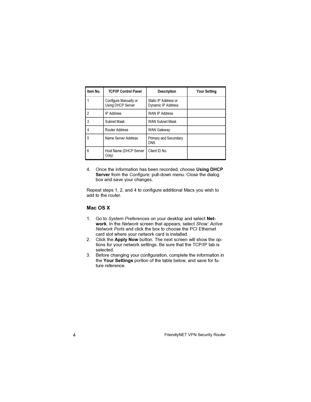 Asante Technologies VR2004 user manual Item No TCP/IP Control Panel Description Your Setting 