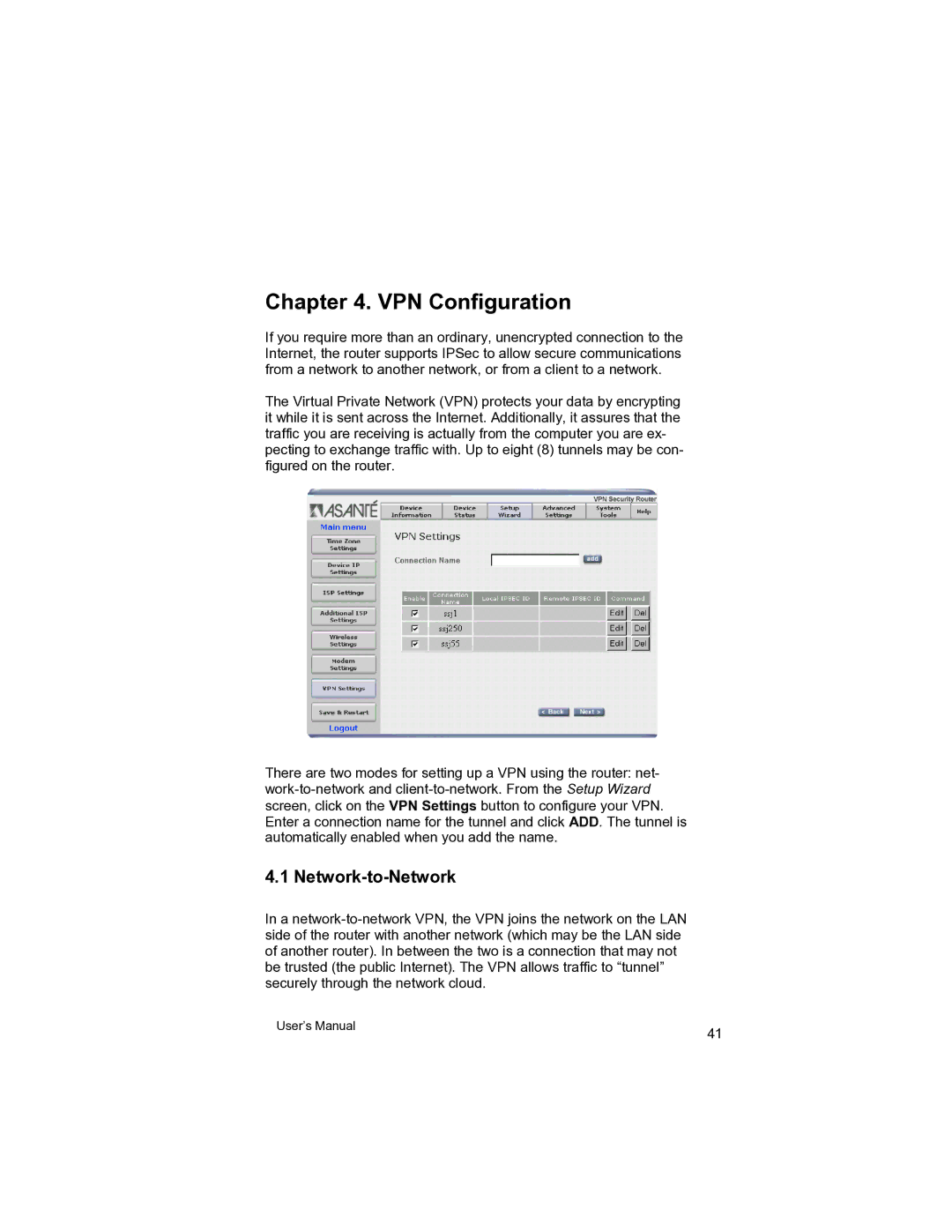 Asante Technologies VR2004 user manual VPN Configuration, Network-to-Network 