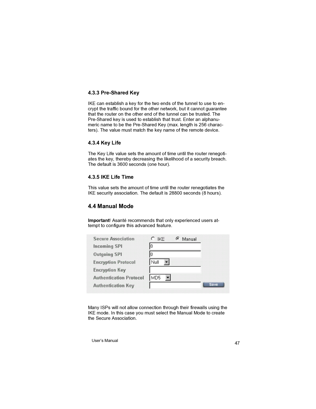 Asante Technologies VR2004 user manual Manual Mode, Pre-Shared Key, Key Life, IKE Life Time 