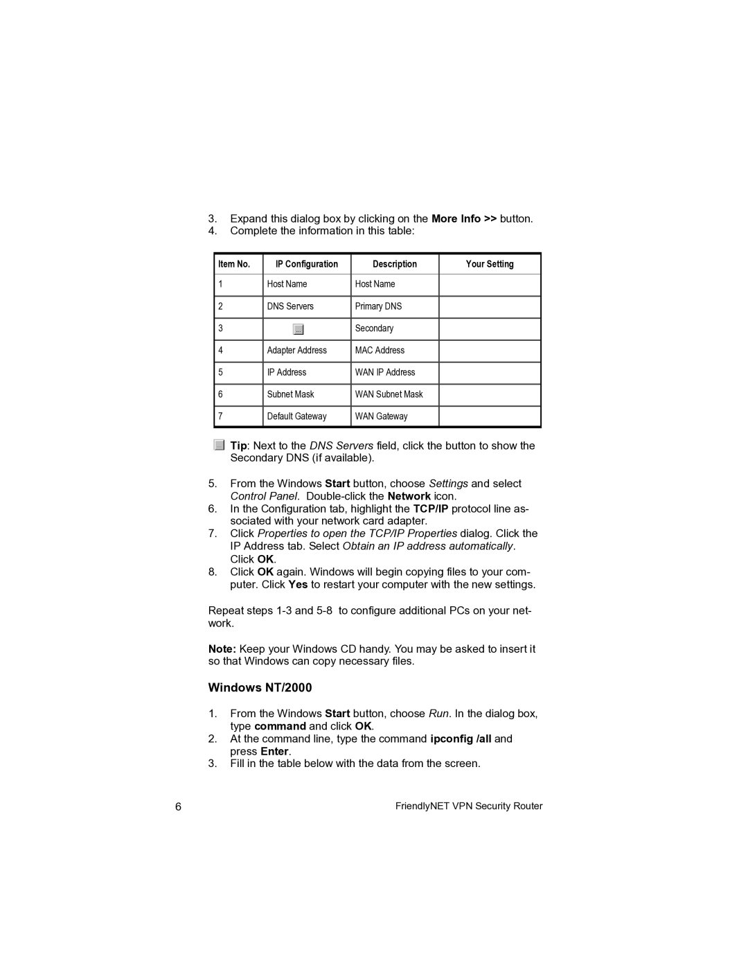 Asante Technologies VR2004 user manual Windows NT/2000, Item No IP Configuration Description Your Setting 