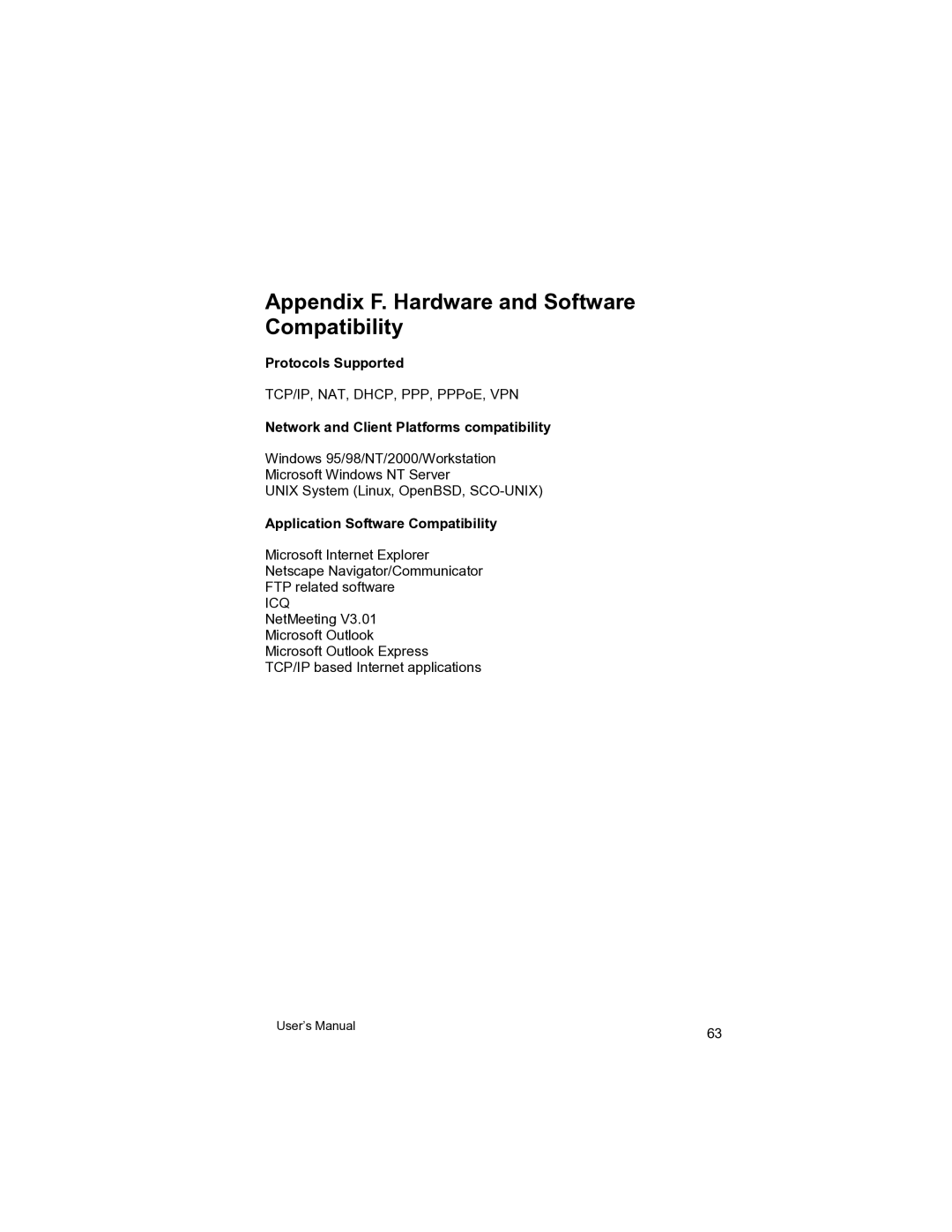 Asante Technologies VR2004 user manual Appendix F. Hardware and Software Compatibility, Protocols Supported 