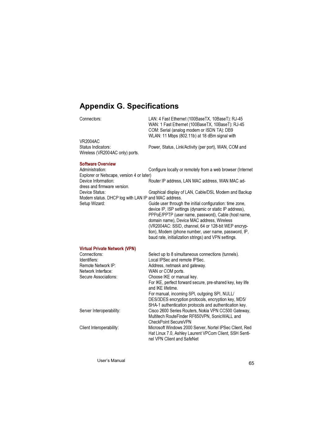 Asante Technologies VR2004 user manual Appendix G. Specifications, Software Overview 