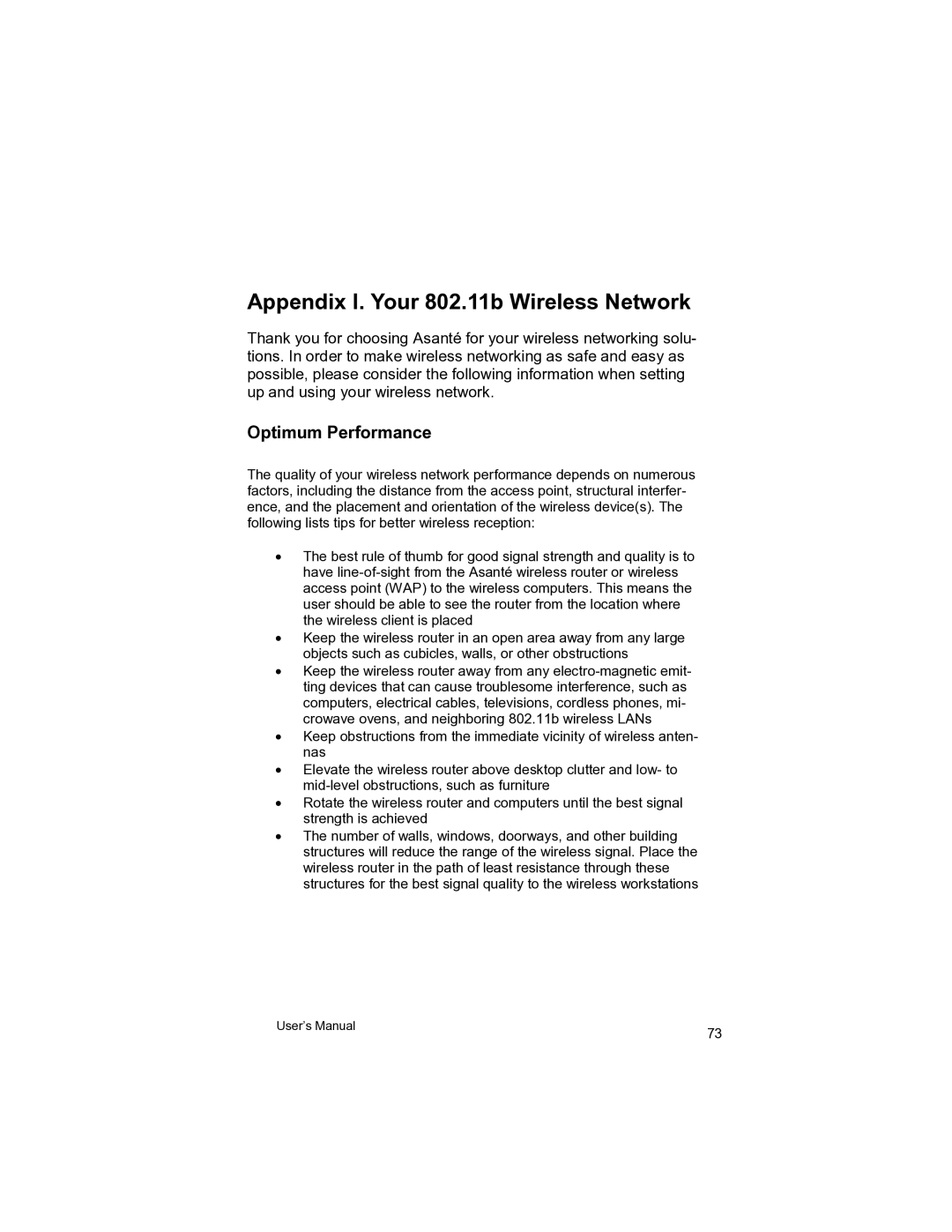 Asante Technologies VR2004 user manual Appendix I. Your 802.11b Wireless Network, Optimum Performance 