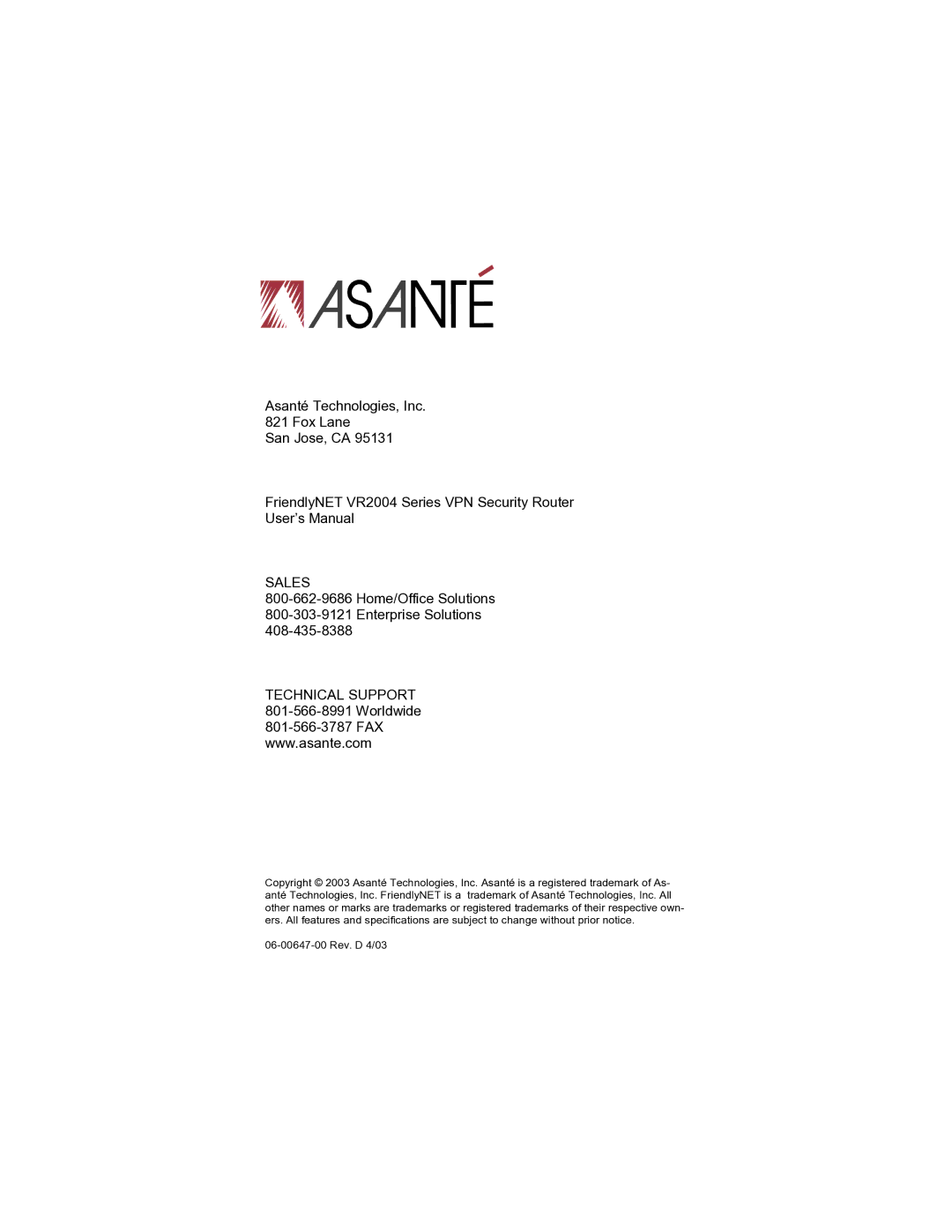 Asante Technologies VR2004 user manual Sales 