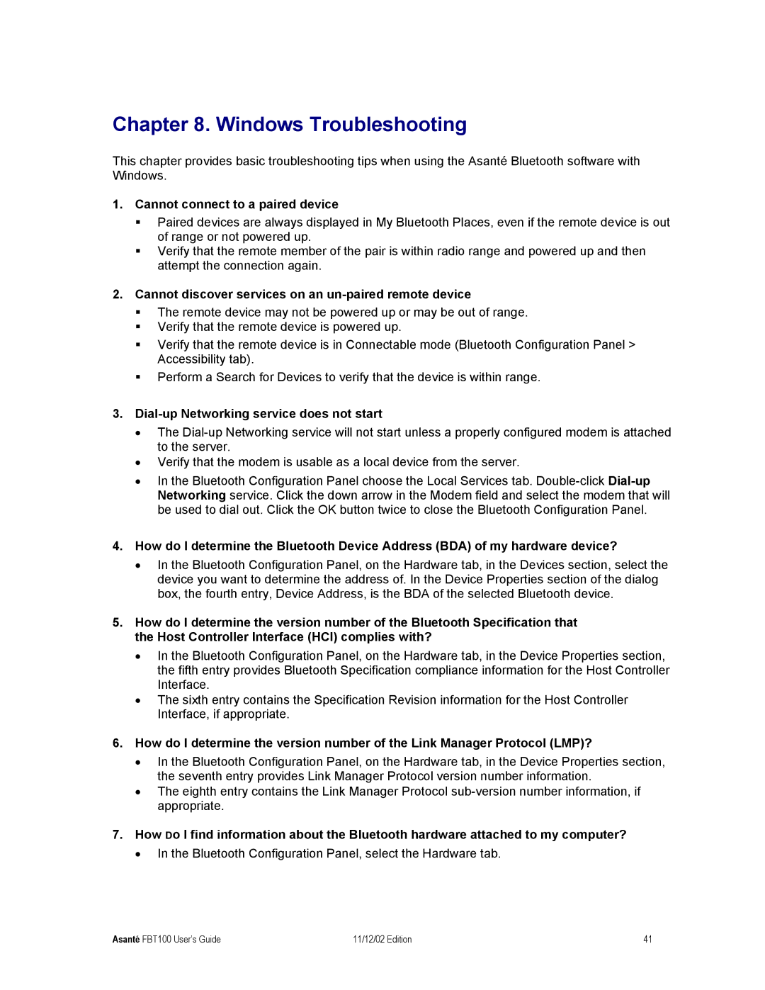 Asante Technologies Wireless USB Adapter user manual Windows Troubleshooting, Cannot connect to a paired device 