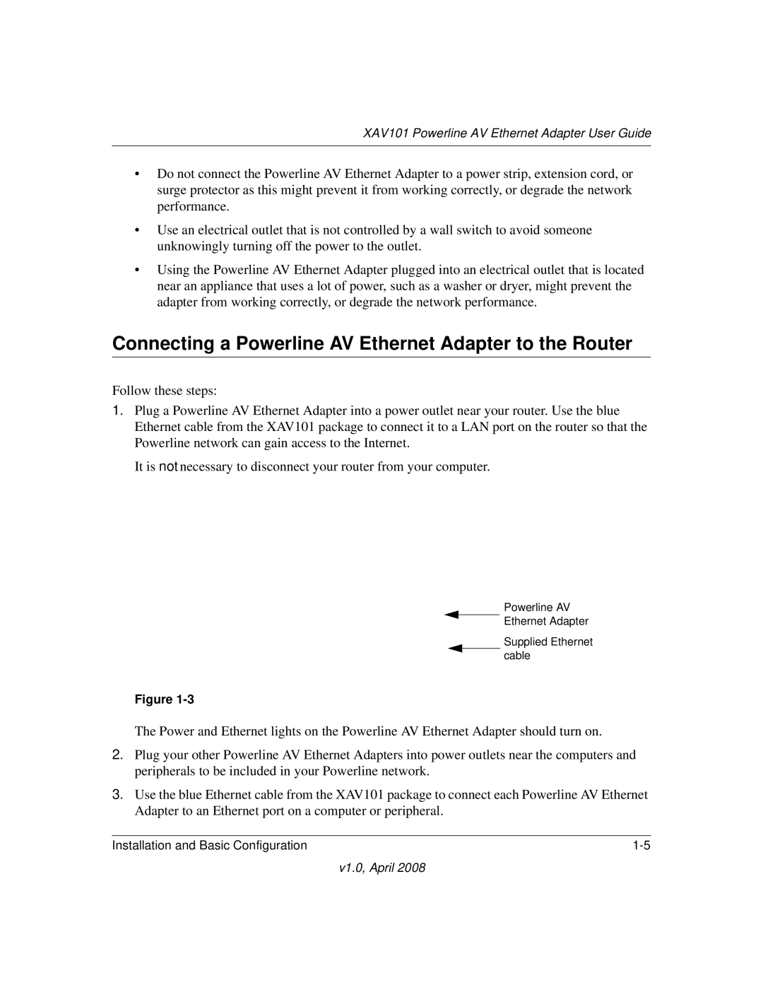 Asante Technologies XAV101 manual Connecting a Powerline AV Ethernet Adapter to the Router 