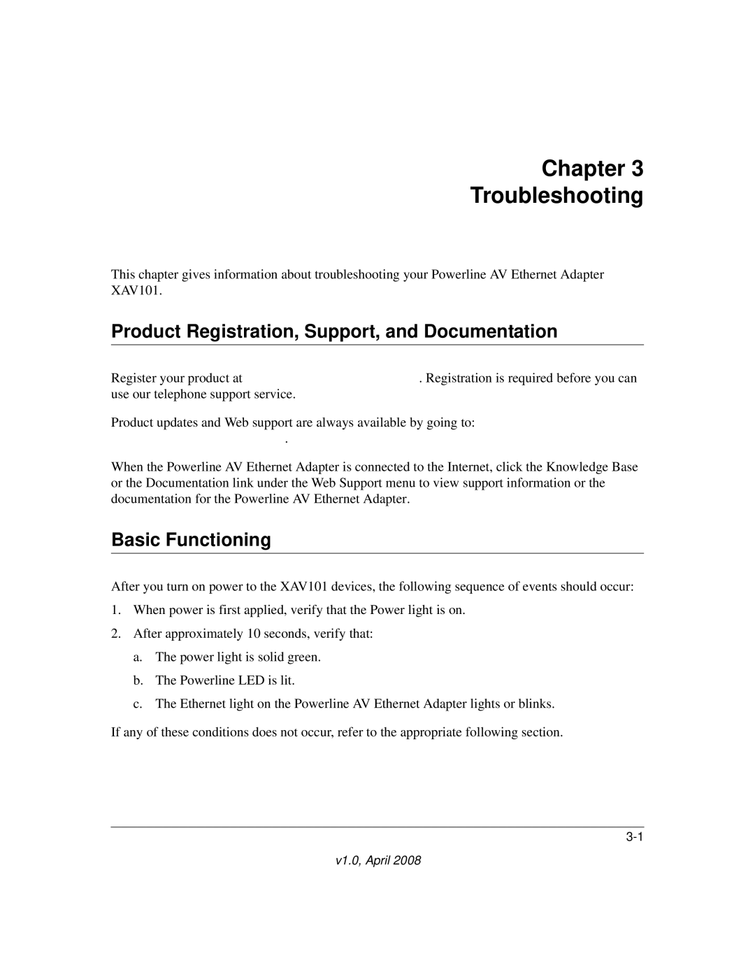 Asante Technologies XAV101 Chapter Troubleshooting, Product Registration, Support, and Documentation, Basic Functioning 