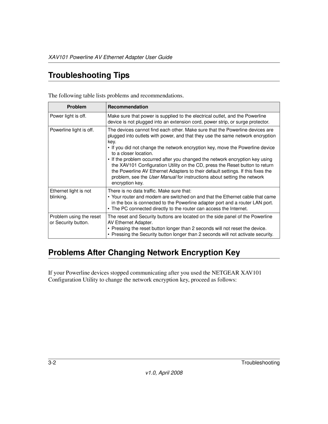 Asante Technologies XAV101 manual Troubleshooting Tips, Problems After Changing Network Encryption Key 