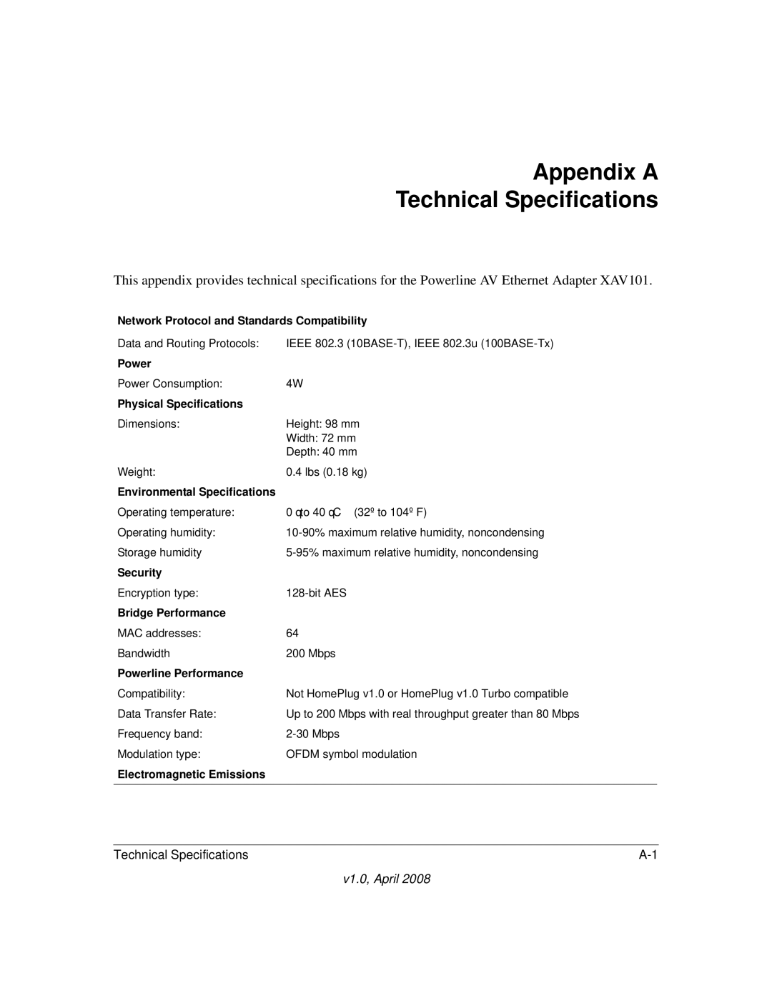 Asante Technologies XAV101 manual Appendix a Technical Specifications, Environmental Specifications 