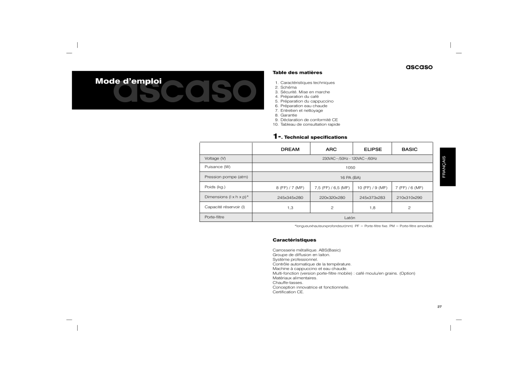 Ascaso Factory Elipse, Dream, Arc Modeascasod’emploi, Table des matières, Caractéristiques, Puisance W 1050, PA BA Poids kg 