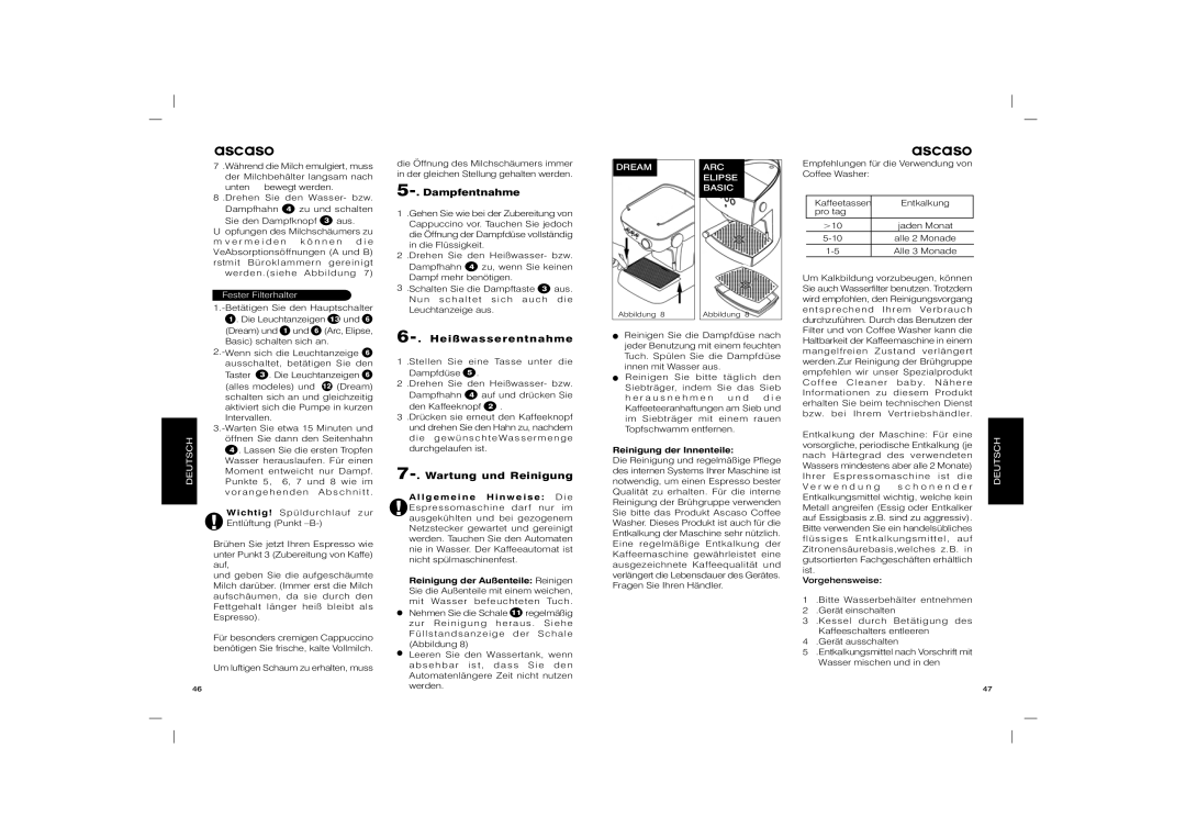 Ascaso Factory Arc, Elipse Dampfentnahme, Heißwasserentnahme, Wartung und Reinigung, Reinigung der Außenteile Reinigen 