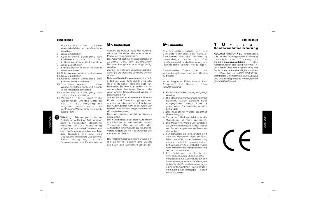 Ascaso Factory Basic, Elipse, Dream, Arc user manual Sicherheit, G Konformitätserklärung 