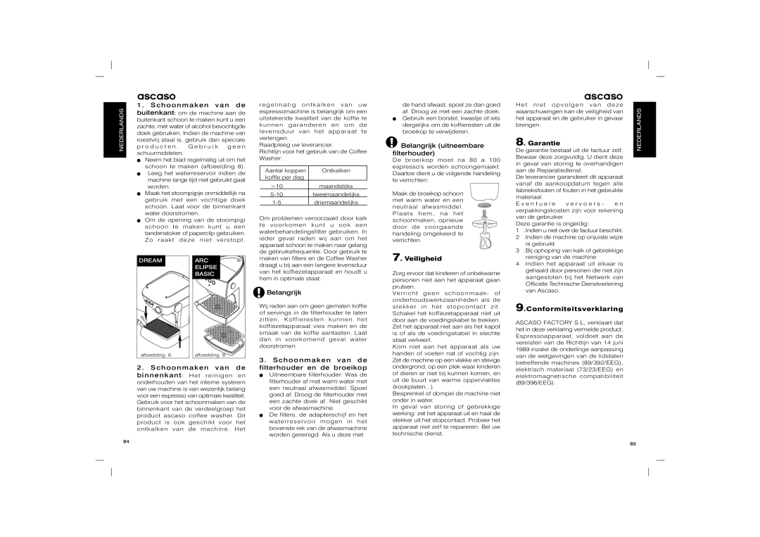 Ascaso Factory Dream, Elipse Belangrijk uitneembare filterhouder, Schoonmaken van de Veiligheid, Conformiteitsverklaring 