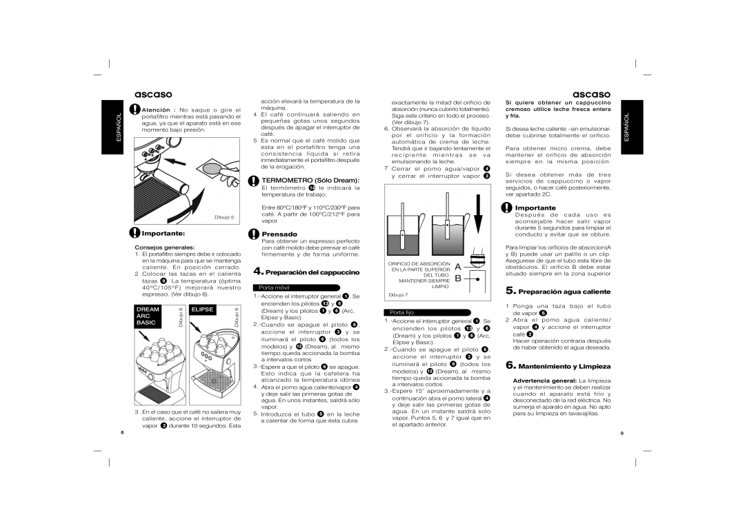 Ascaso Factory Basic, Elipse, Arc Termometro Sólo Dream, Prensado, Preparación del cappuccino, Preparación agua caliente 