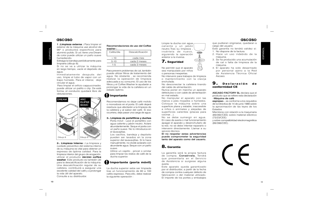Ascaso Factory Elipse Importante porta móvil, Seguridad, Garantía, E c l a r a c i ó n d e conformidad CE, Máquina de café 