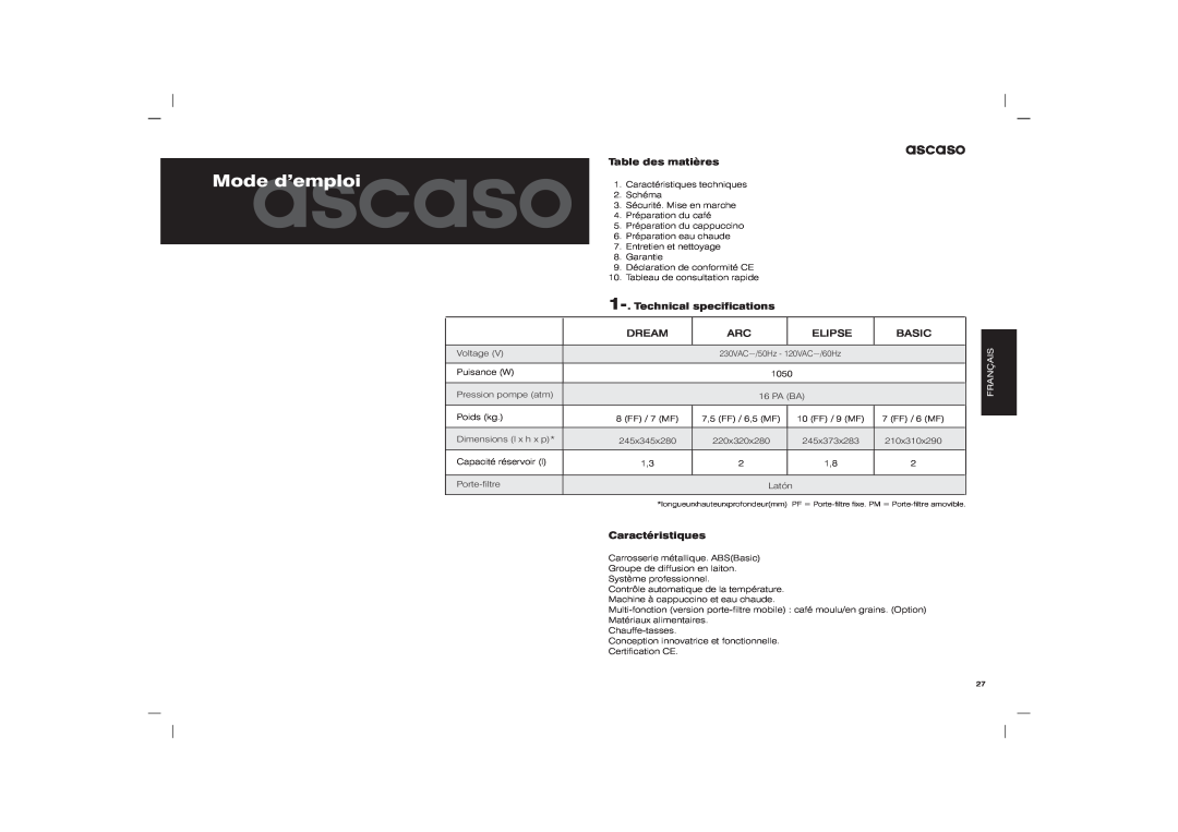 Ascaso Factory Elipse Modeascasod’emploi, Table des matières, Caractéristiques, Technical specifications, Dream, Basic 