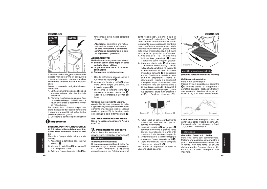 Ascaso Factory user manual Macinato, ascaso, Importante, Dream Arc Basic, Elipse, Monodose 