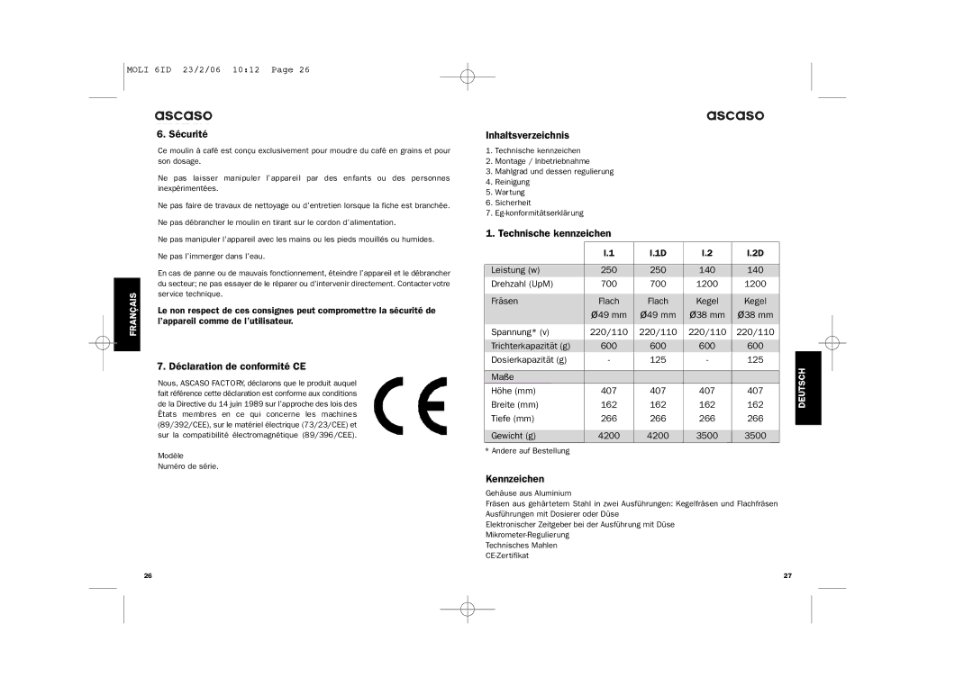 Ascaso Factory ESPRESSO COFFEE GRINDER Sécurité, Déclaration de conformité CE, Inhaltsverzeichnis, Technische kennzeichen 